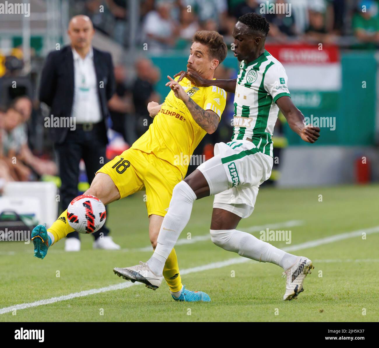 Adama Traore of Ferencvarosi TC fights for the possession with Yuri News  Photo - Getty Images