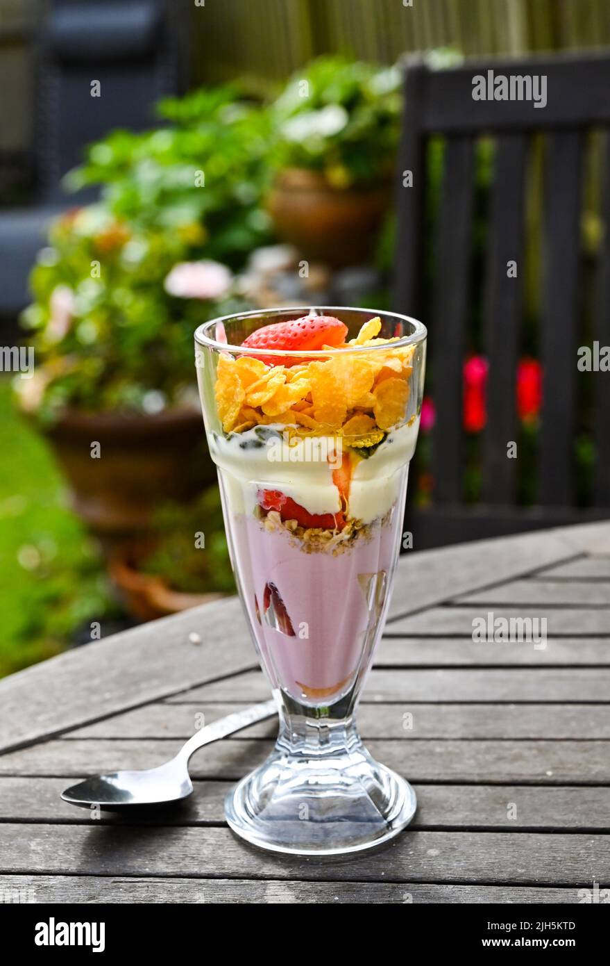 Healthy summer breakfast of yoghurt  , flakes granola and fresh strawberries  UK Stock Photo