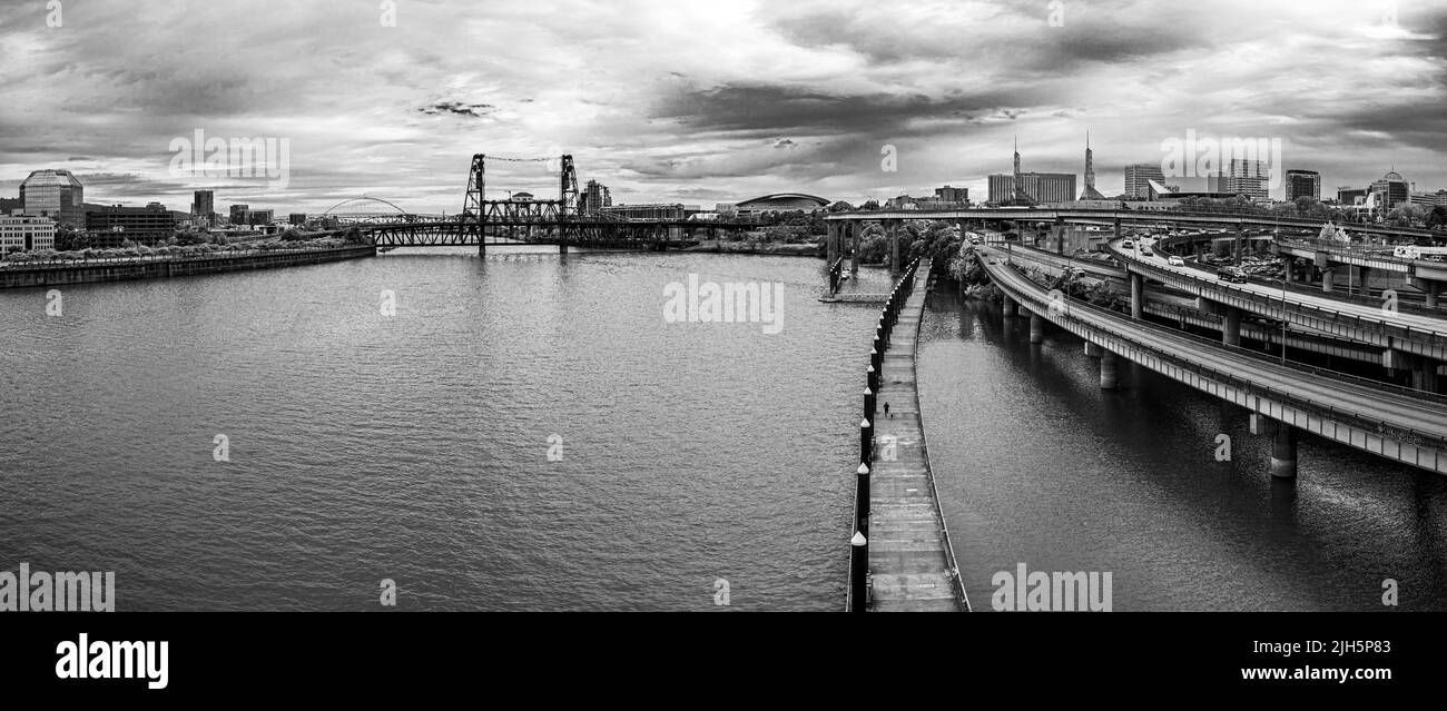 On the Burnside Bridge Looking over the Willamette River and Portland Stock Photo