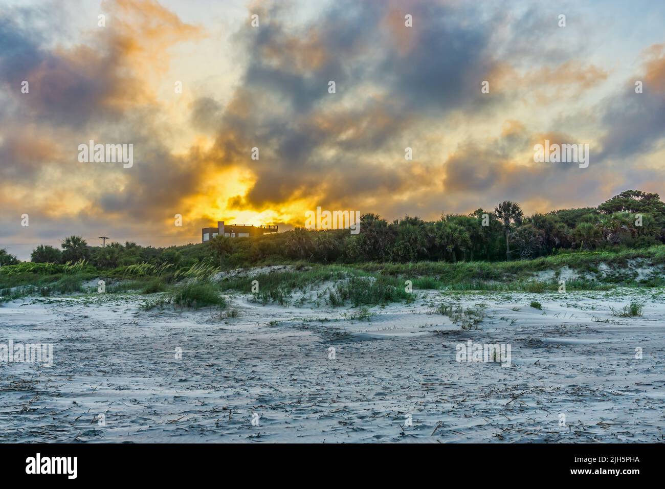 A sunset at Folly Beach in South Carolina.. Stock Photo