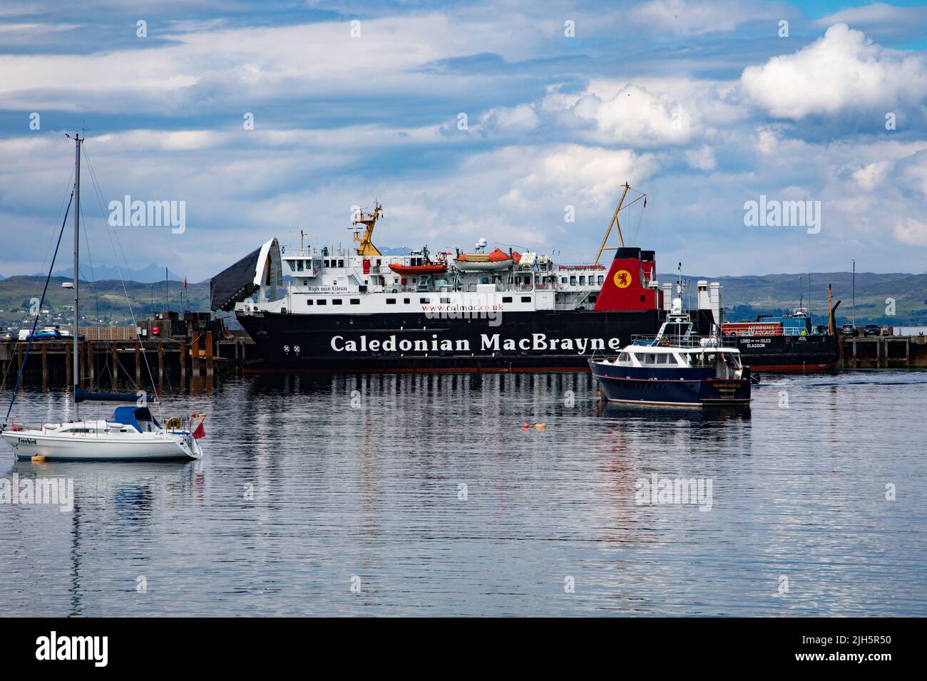 Calmac Ferry in Mallaig, Scotland with its bow door raised Stock Photo