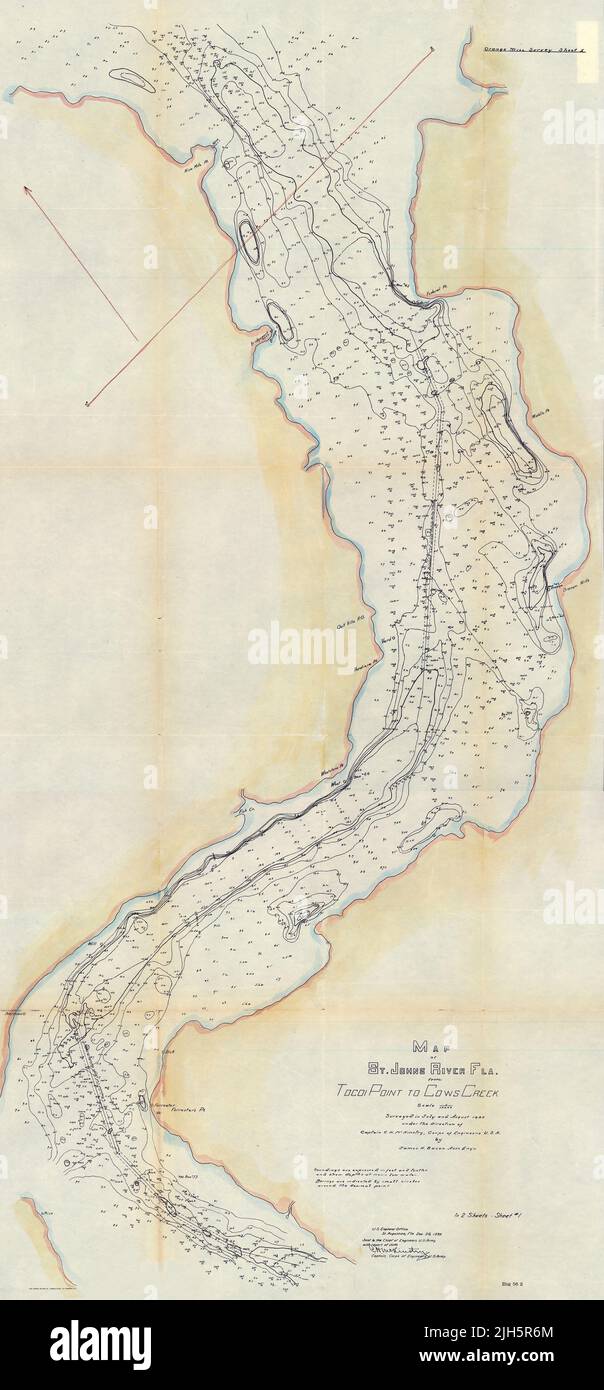 Map of St. Johns River, Florida, Nautical Chart, Tocoi Point to Cows Creek, 1899 Stock Photo