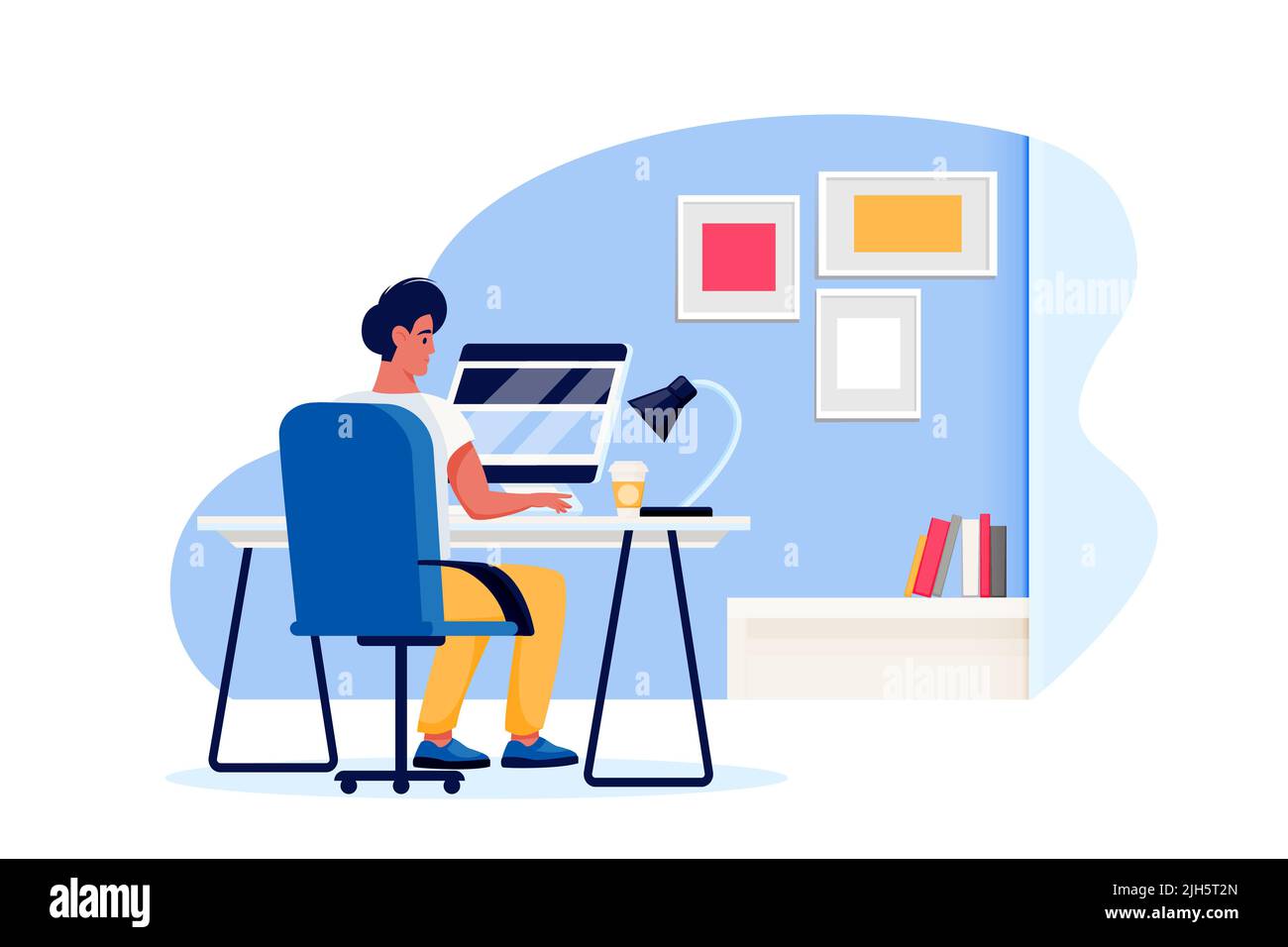 Male works in office or in home. Young man freelancer sitting at the table and using computer. Vector flat cartoon businessman character illustration. Stock Vector