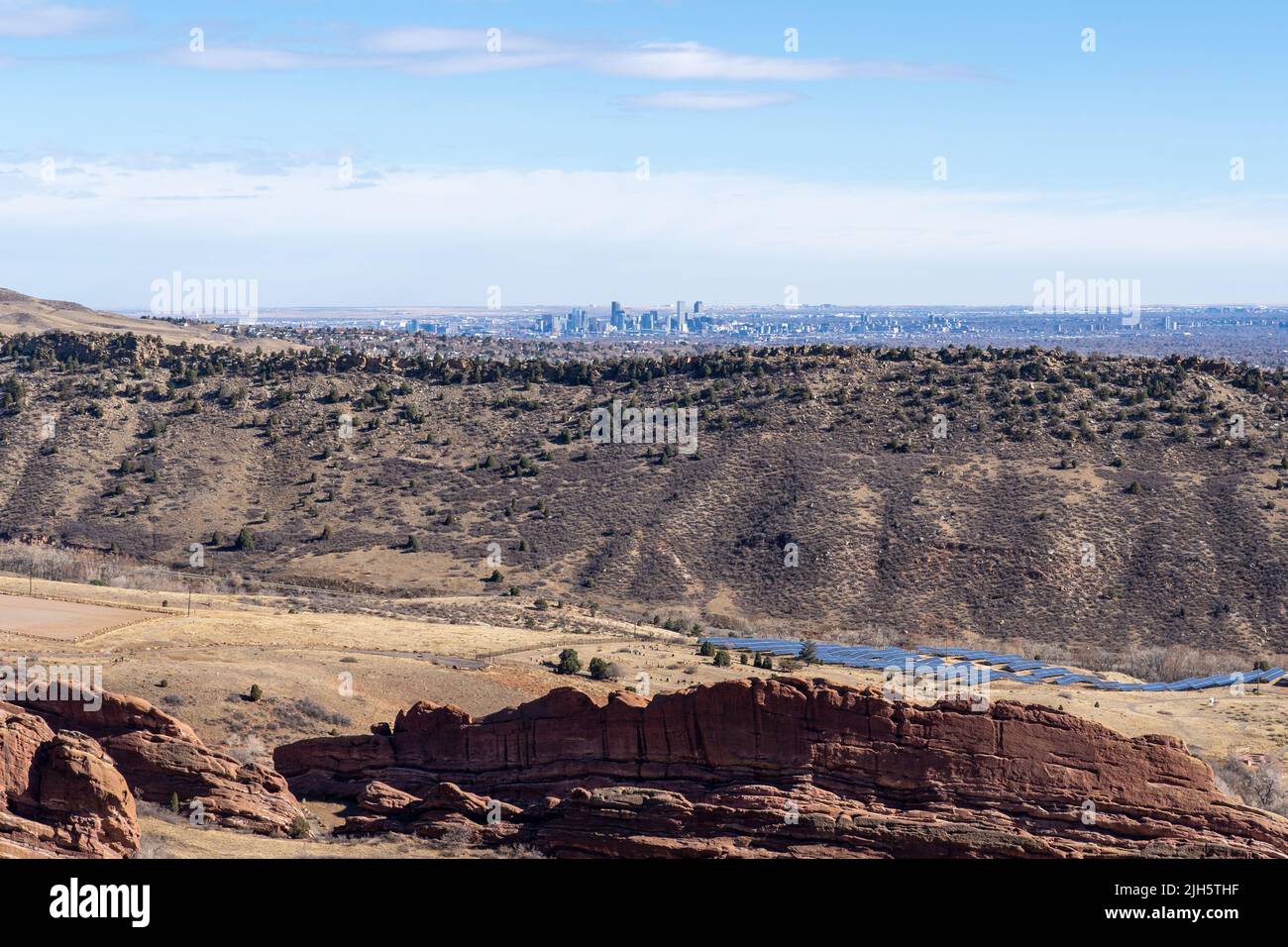 The view of Downtown Denver and Red Rocks Amphitheater from Mount Morrison in Denver, Colorado