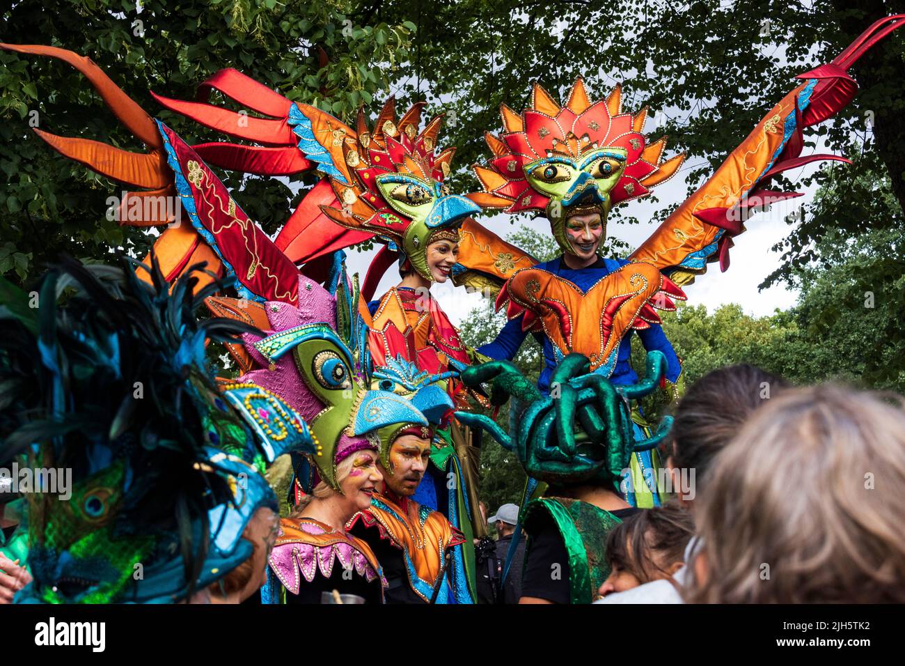 Bremen carnival with stilt walkers in colourful costumes, masks and samba rhythms, Bremen, Germany, Europe Stock Photo
