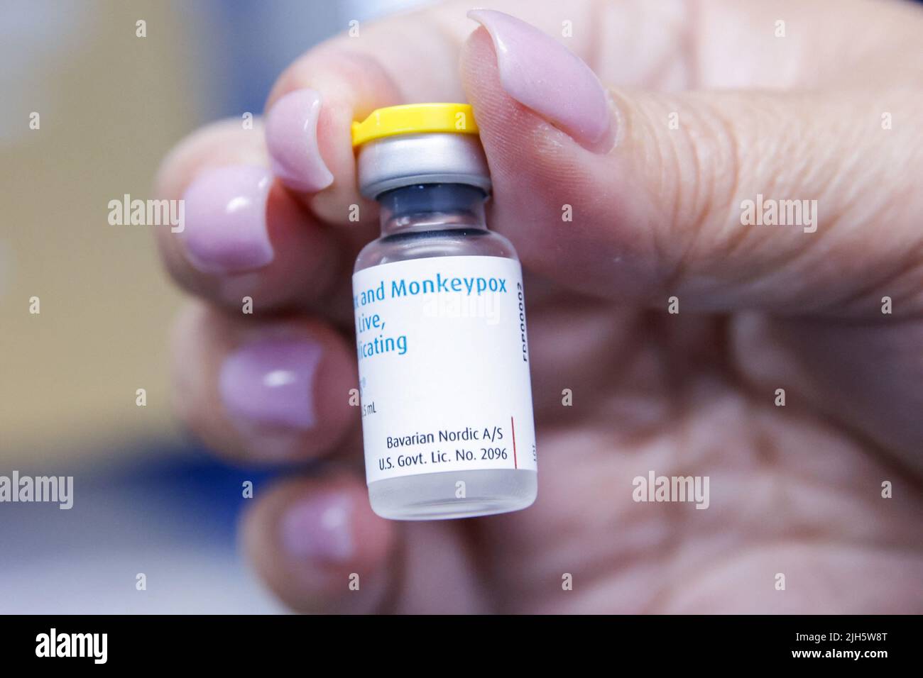 A nurse holds a monkeypox vaccination at the Northwell Health Immediate Care Center at Fire Island-Cherry Grove, in New York, U.S., July 15, 2022. REUTERS/Eduardo Munoz Stock Photo