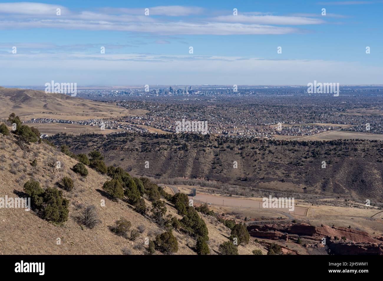 The view of Downtown Denver and Red Rocks Amphitheater from Mount Morrison in Denver, Colorado