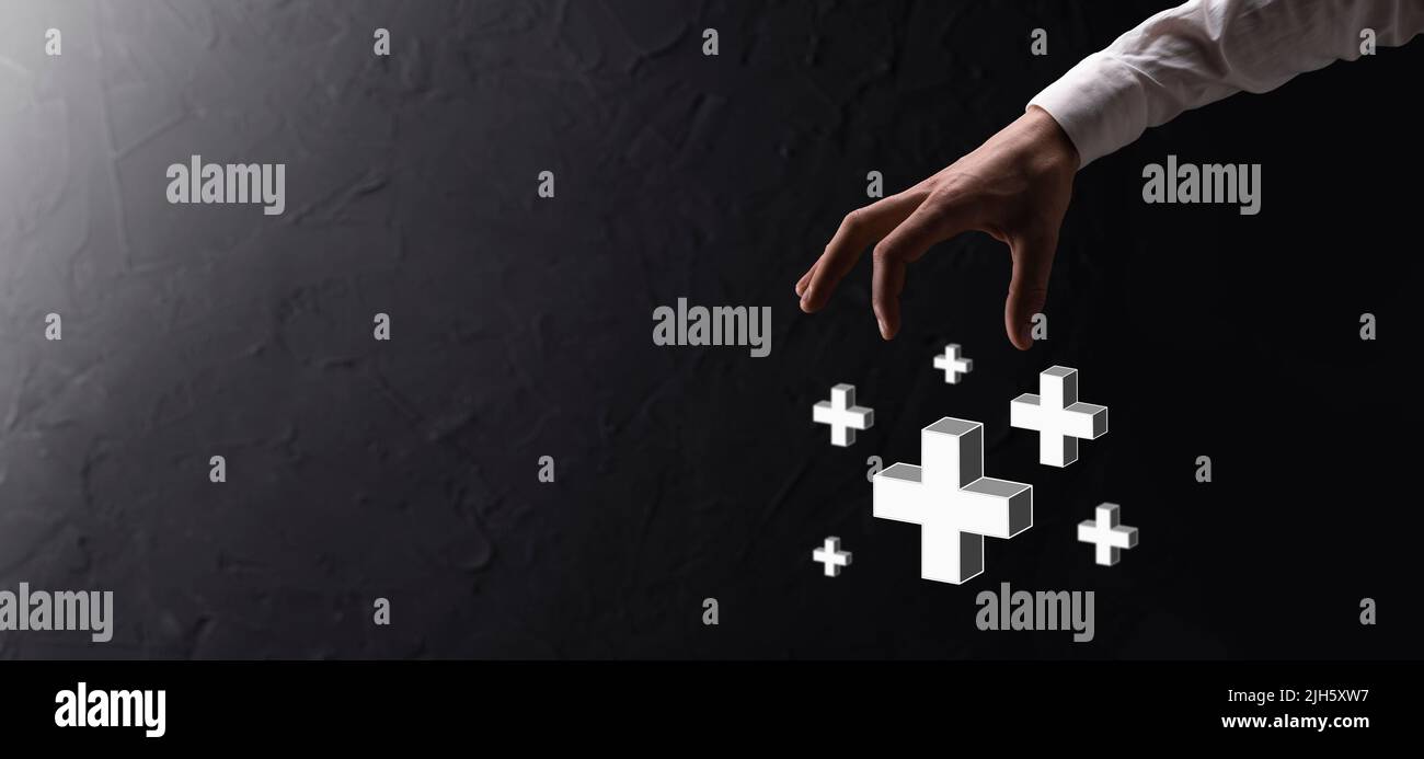 Hand hold 3D plus icon, man hold in hand offer positive thing such as ...