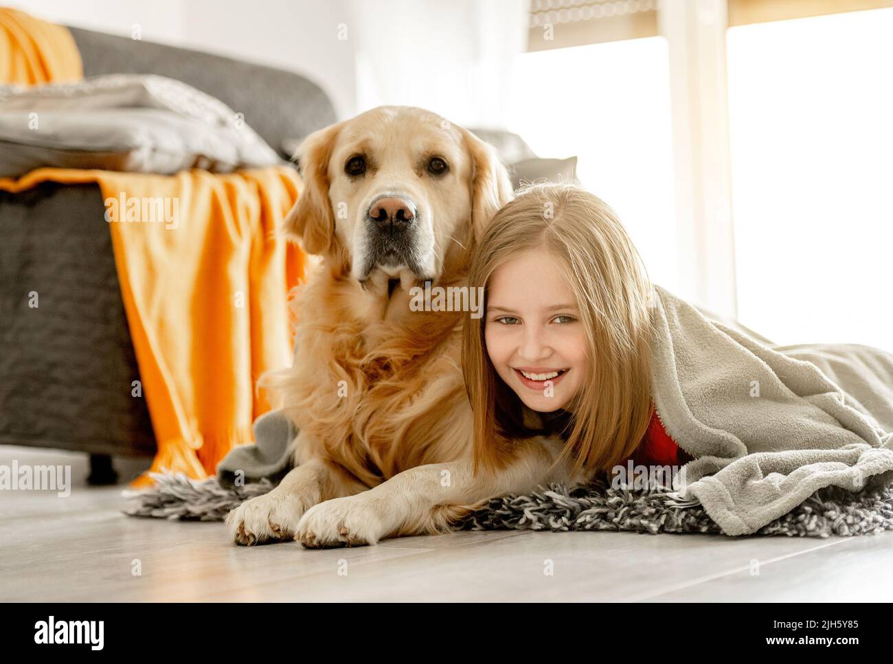 Preteen girl with golden retriever dog Stock Photo - Alamy