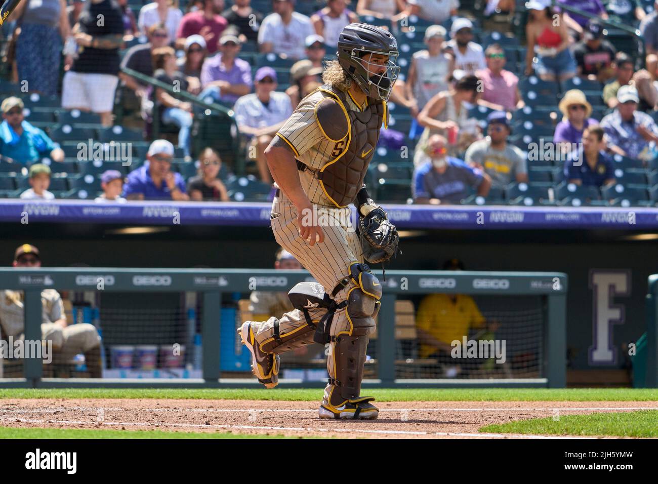 July 14 2022: San Diego catcher Jorge Alfaro (38) surveying the field  during the game with San Diego Padres and Colorado Rockies held at Coors  Field in Denver Co. David Seelig/Cal Sport