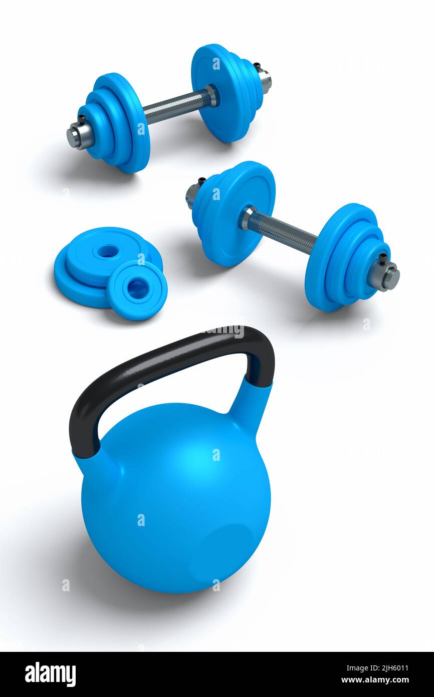 Isometric view of sport equipment like kettlebell, dumbbell and AB