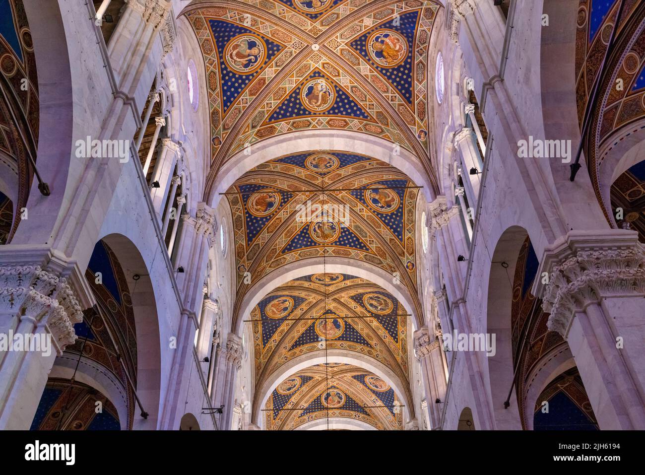 Duomo San Martino.  St. Martin's cathedral.  Ceiling of the nave.  Lucca, Lucca Province, Tuscany, Italy.  The city's cathedral dates from the 9th cen Stock Photo