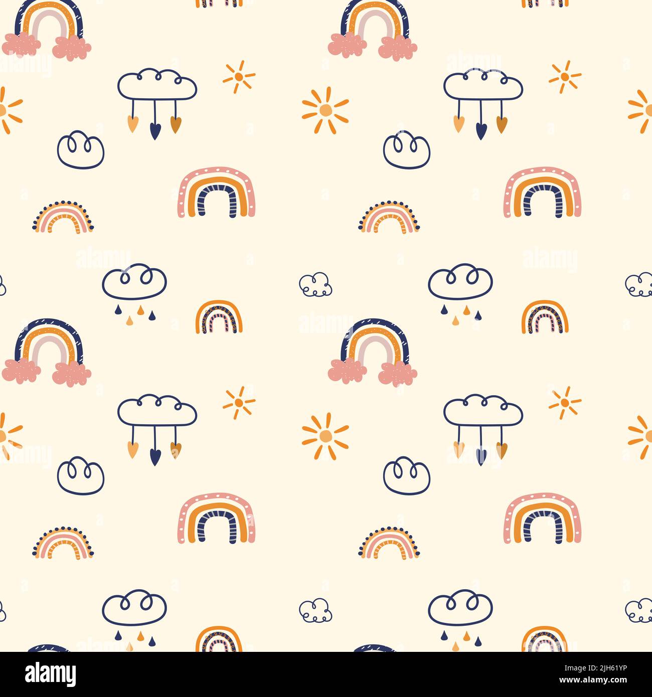 Autumn seamless pattern with cute rainbows, clouds and sun cartoon ...