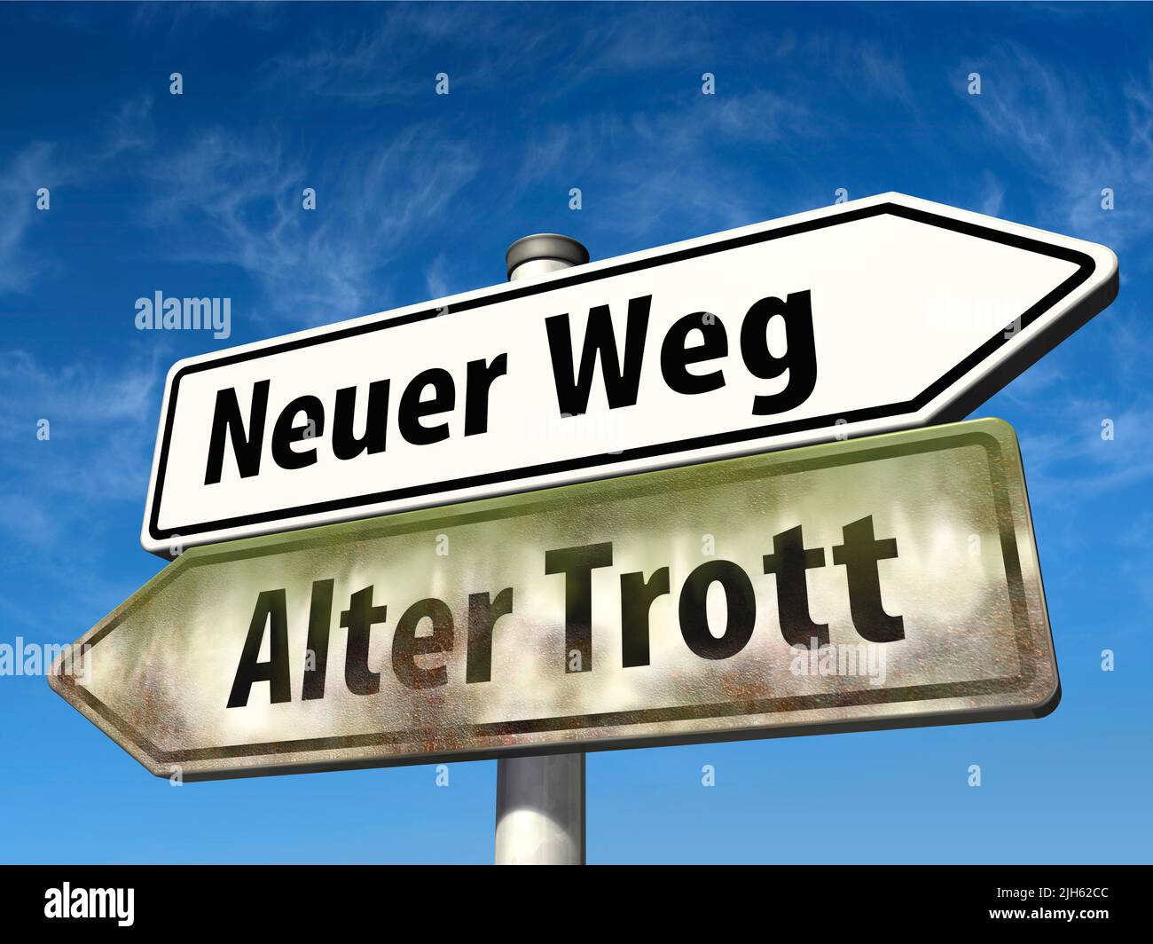 Guide posts with the German words 'Neue Weg' (new way) and 'Alter Trott' (old rut) Stock Photo
