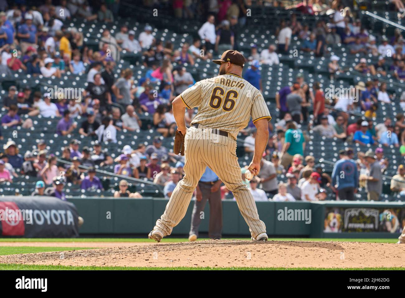 Denver CO, USA. 14th July, 2022. San Diego pitcher Luis Garcia (66) throws a pitch during the game with San Diego Padres and Colorado Rockies held at Coors Field in Denver Co. David Seelig/Cal Sport Medi. Credit: csm/Alamy Live News Stock Photo