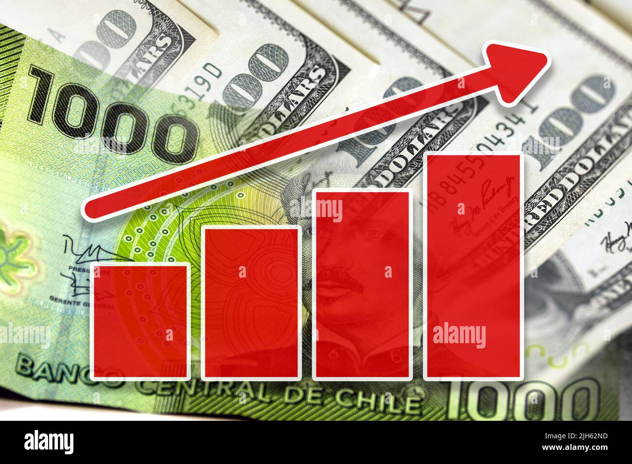Economy chart: rising arrow, and 1000 Chilean pesos bills and 100 dollars cash Stock Photo