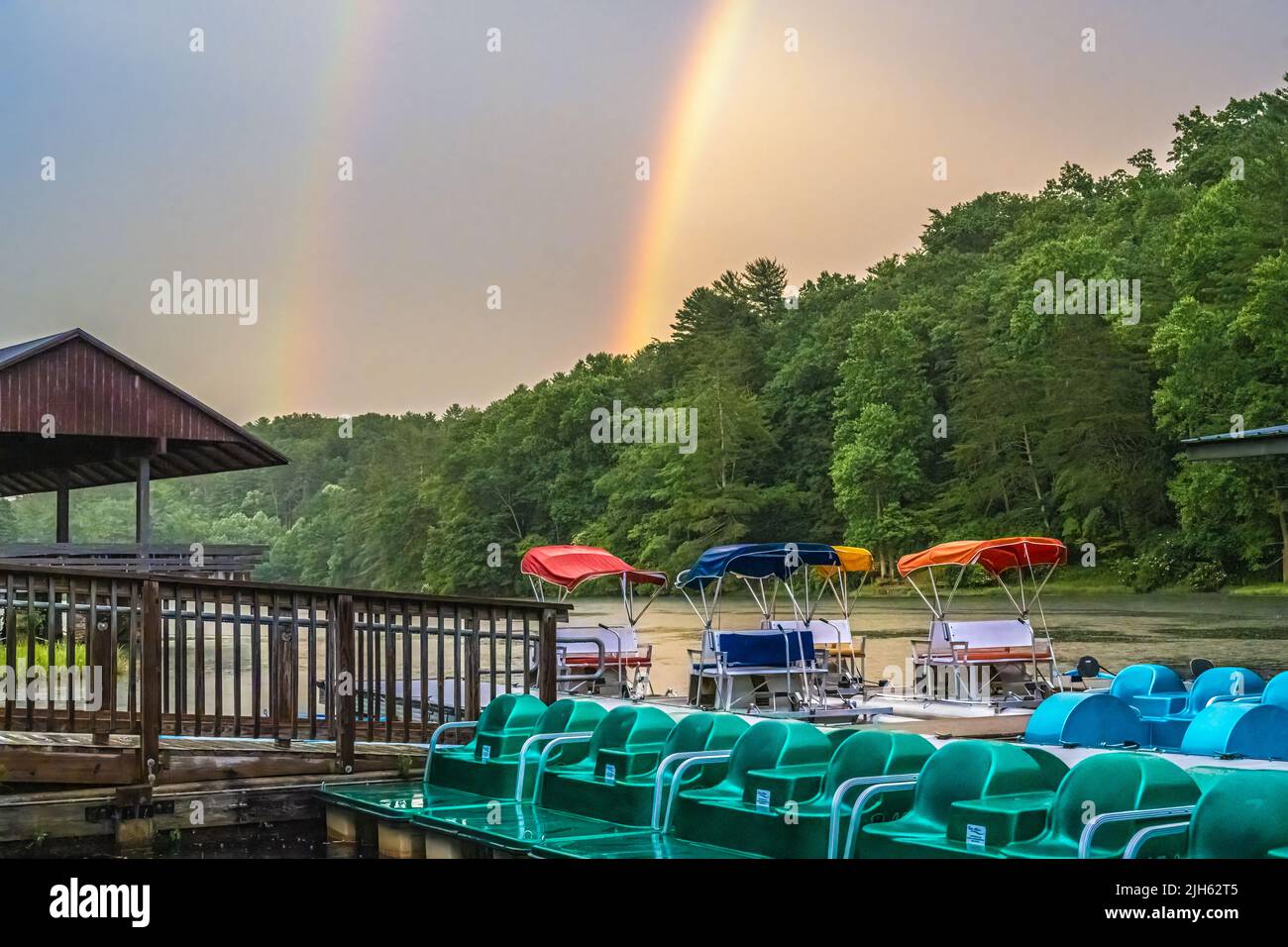Double rainbow over Lake Trahlyta at Vogel State Park, a beautiful retreat nestled in Georgia's Blue Ridge Mountains near the Appalachian Trail. (USA) Stock Photo
