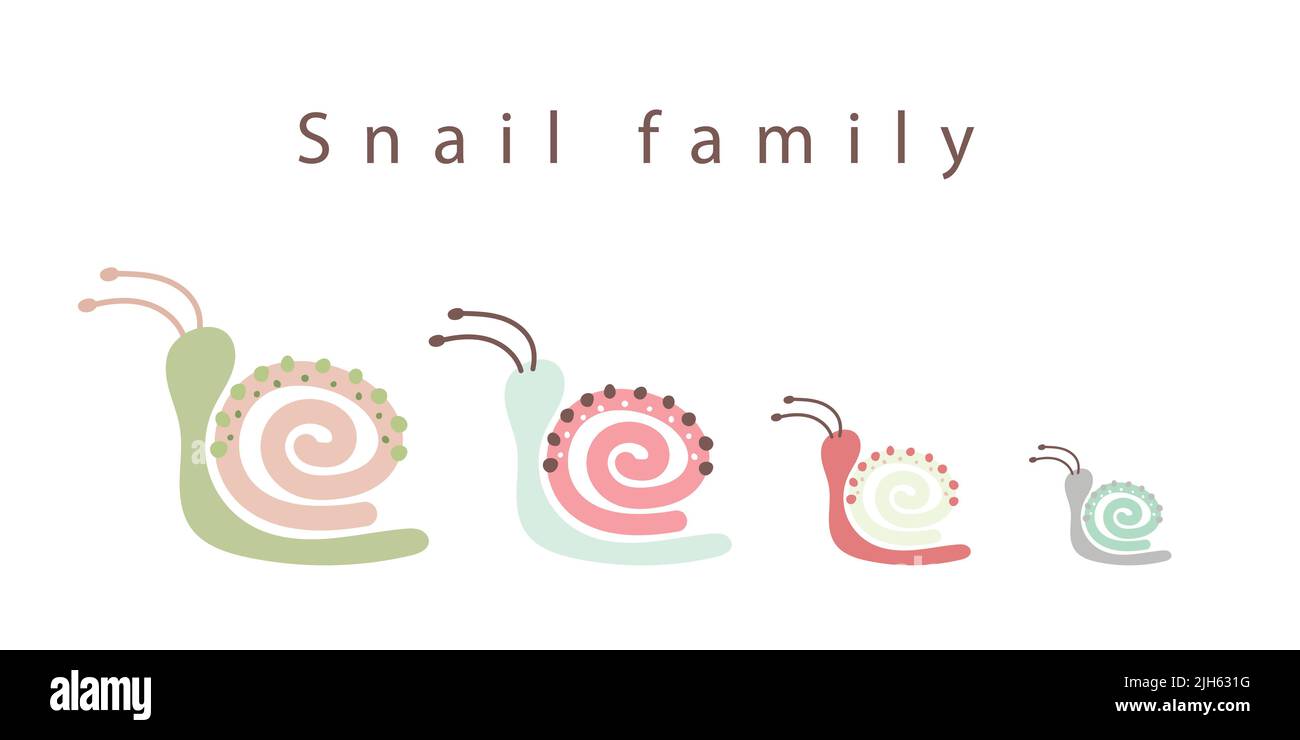 Snail family cartoon vector paintings for postcard. Cute mollusk with