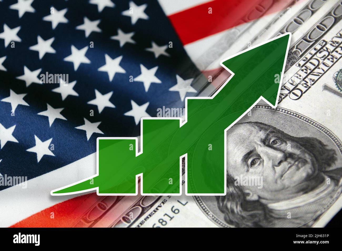 Economy graph: rising arrow, USA flag and cash dollars (inflation, devaluation, earnings, crisis) Stock Photo