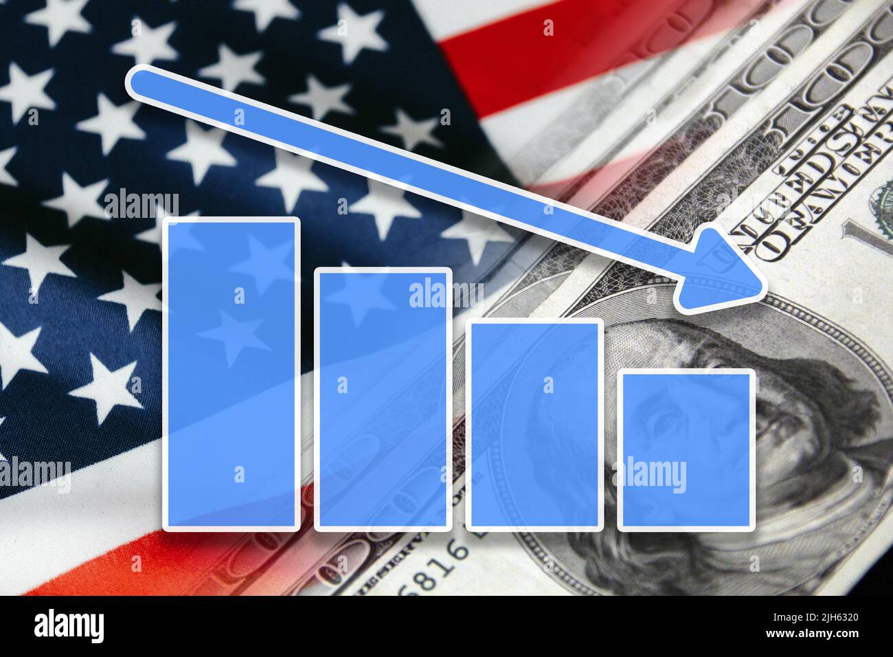 Economy chart: downward arrow, USA flag and cash dollars (inflation, devaluation, failure, crisis) Stock Photo