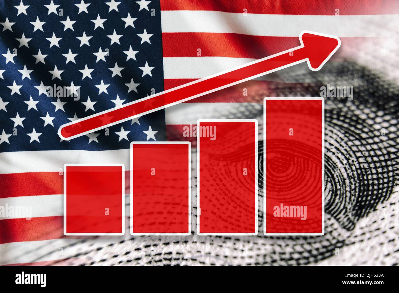 Economy graph: rising arrow, USA flag and cash dollars (inflation, devaluation, earnings, crisis) Stock Photo