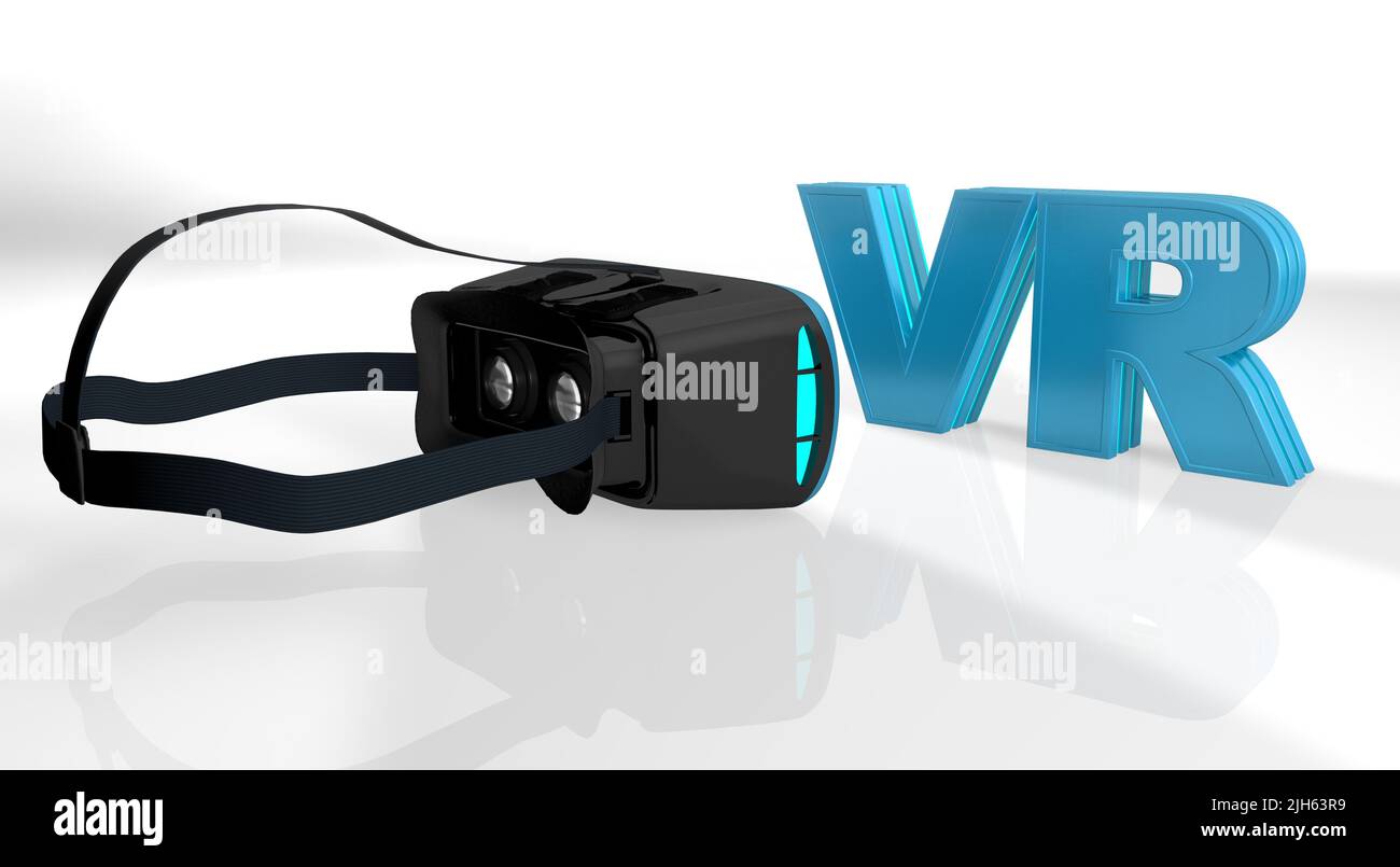 Black virtual reality goggles with blue on a white reflective surface next to blue VR lettering against white. 3D Illustration Stock Photo