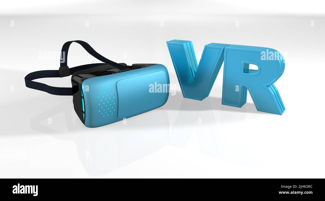 Black virtual reality goggles with blue on a white reflective surface next to blue VR lettering against white. 3D Illustration Stock Photo