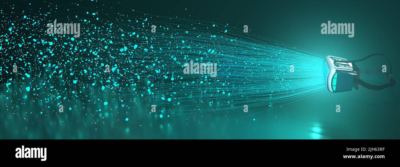 Black virtual reality glasses expelling blue particles and white lines on a reflective surface with turquoise light against a black background. 3D Ill Stock Photo
