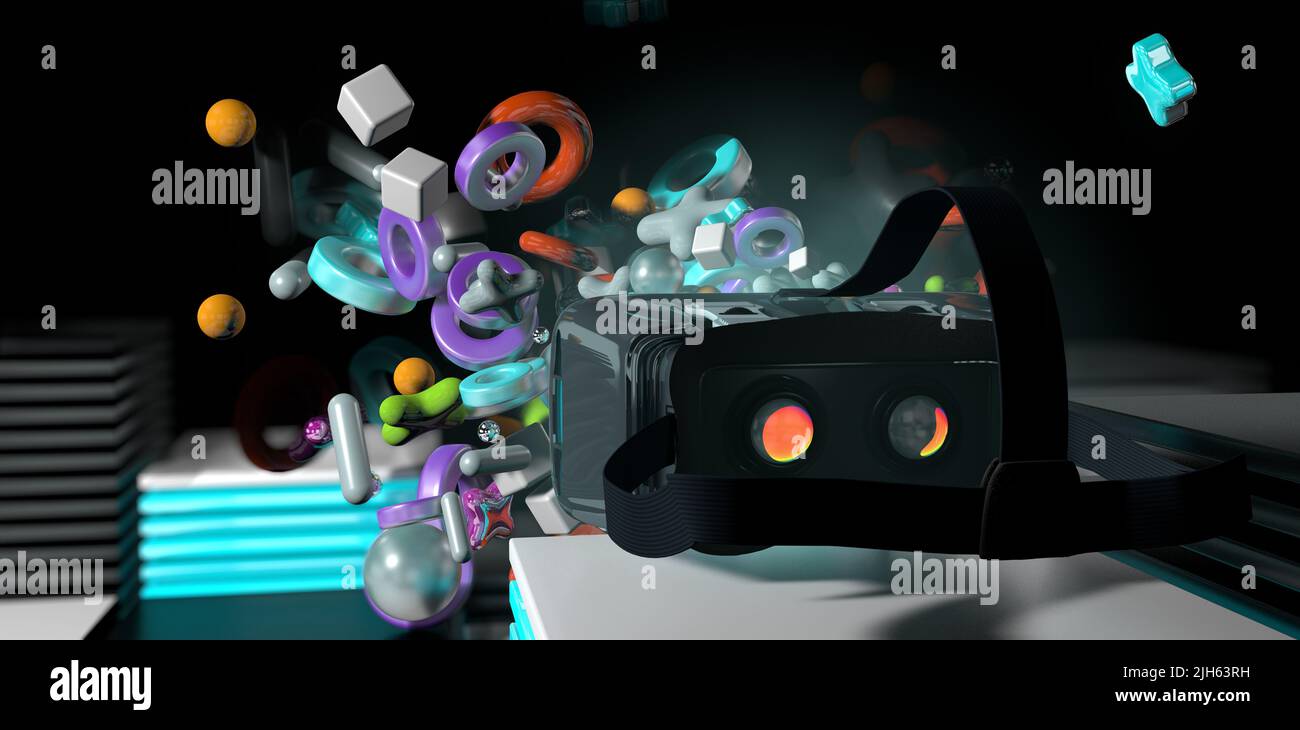 Group of geometric shapes being ejected from virtual reality goggles onto a cube surface with blue light against a black background. 3D Illustration Stock Photo