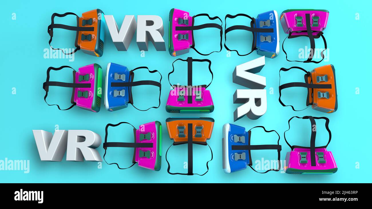Group of virtual reality glasses of magenta, blue and orange color in different positions next to the letters VR on a blue surface. 3D Illustration Stock Photo