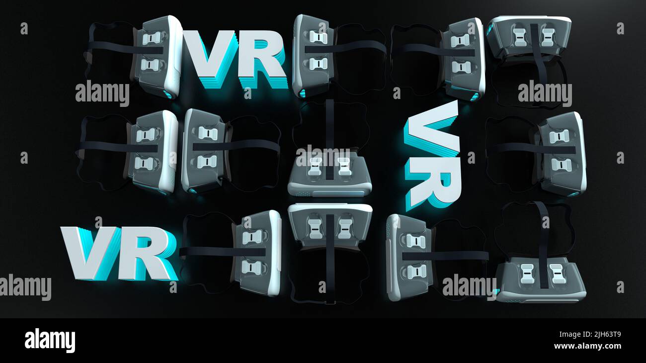 Group of black and white virtual reality glasses in different positions next to the letters VR with blue light on a black surface. 3D Illustration Stock Photo
