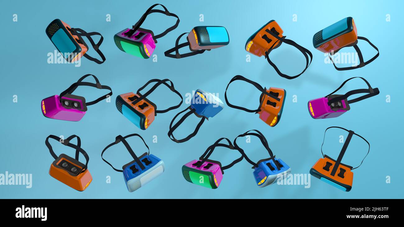 Group of magenta, blue and orange virtual reality goggles in different positions floating against blue background. 3D Illustration Stock Photo