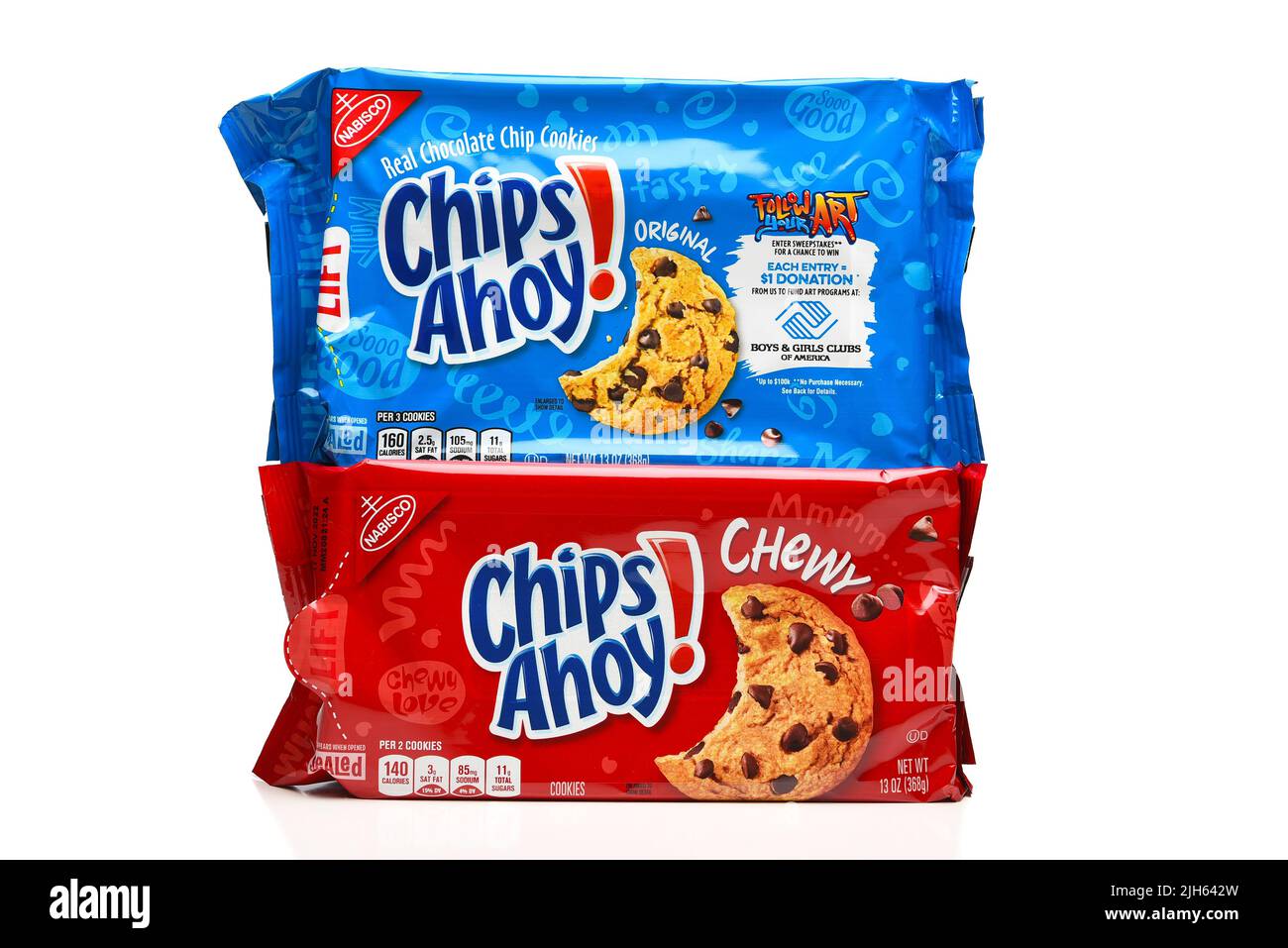 IRVINE, CALIFORNIA - 15 JUL 2022: A bag of Original Chips Ahoy Cookies and a bag of Chewy Chips Ahoy. Stock Photo