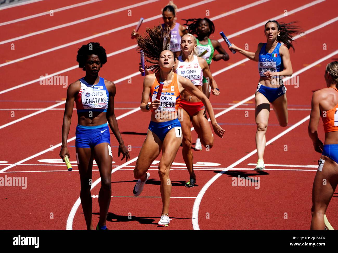 Netherlands' Eveline Saalberg (second left) completes the 4x400 Metres mixed relay on day one of the World Athletics Championships at Hayward Field, University of Oregon in the United States. Picture date: Friday July 15, 2022. Stock Photo