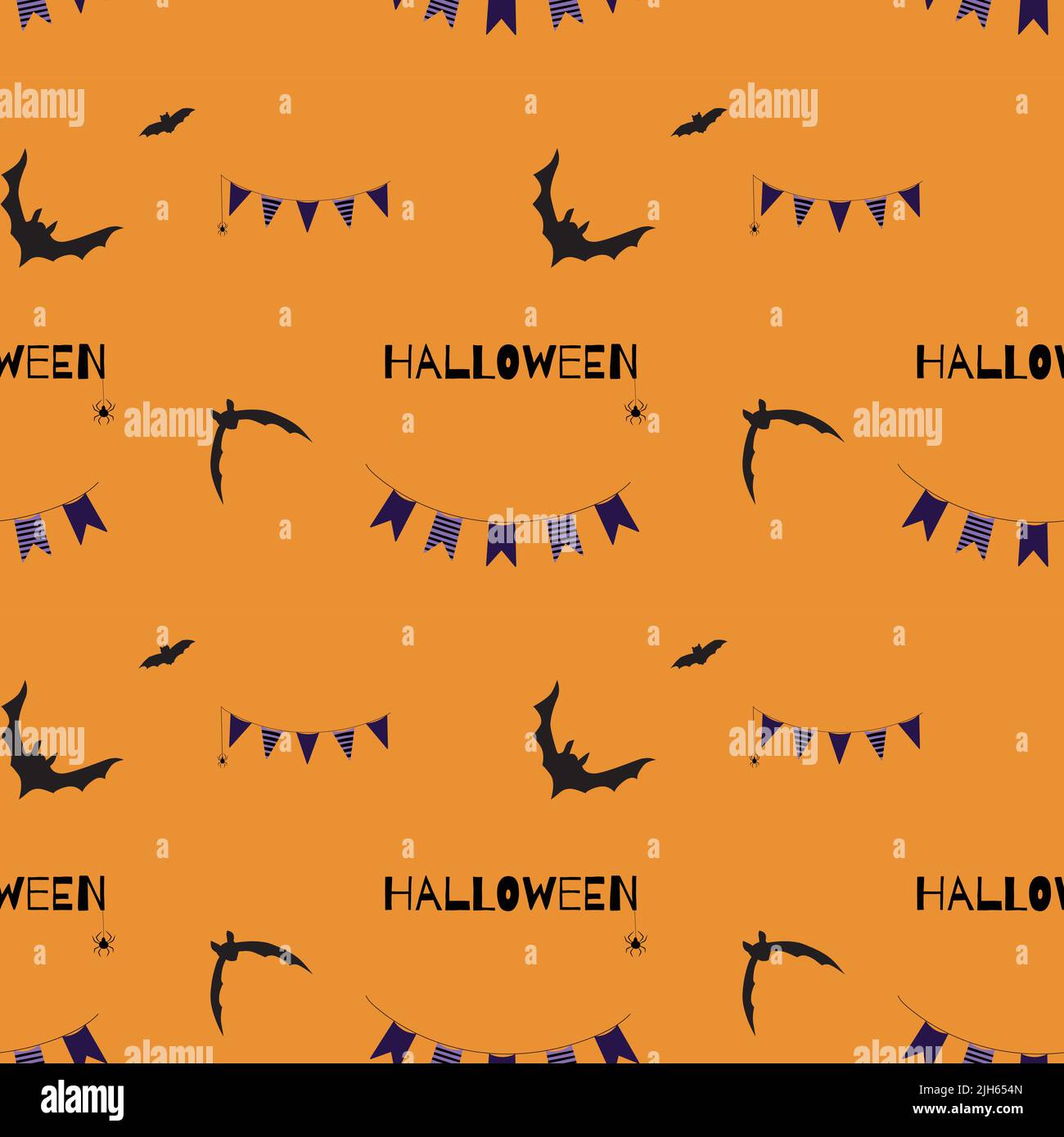 Halloween seamless pattern with bats, web spiders and text on ...