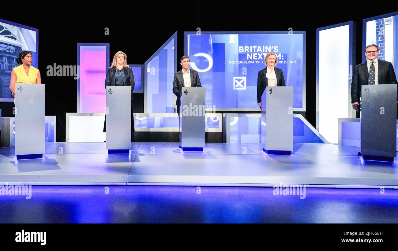 London, UK. 15th July, 2022. All five Conservative Party Leadership Candidates, (left to right) Kemi Badenoch, Penny Mordaunt, Rishi Sunak, Liz Truss and Tom Tugendhat and candidates to become the next Prime Minister of the UK take part in a debate and q&a moderated by Krishan Guru-Murthy of Channel 4. Credit: Imageplotter/Alamy Live News Stock Photo