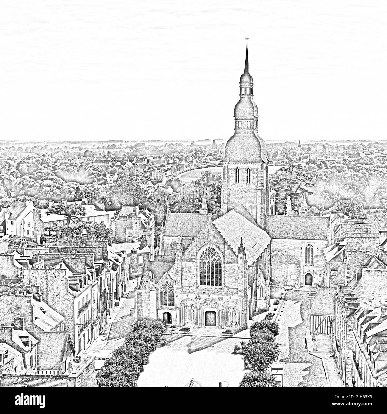 Digital Image of Dinan with Saint Saviours Church in a pencil drawing style Stock Photo