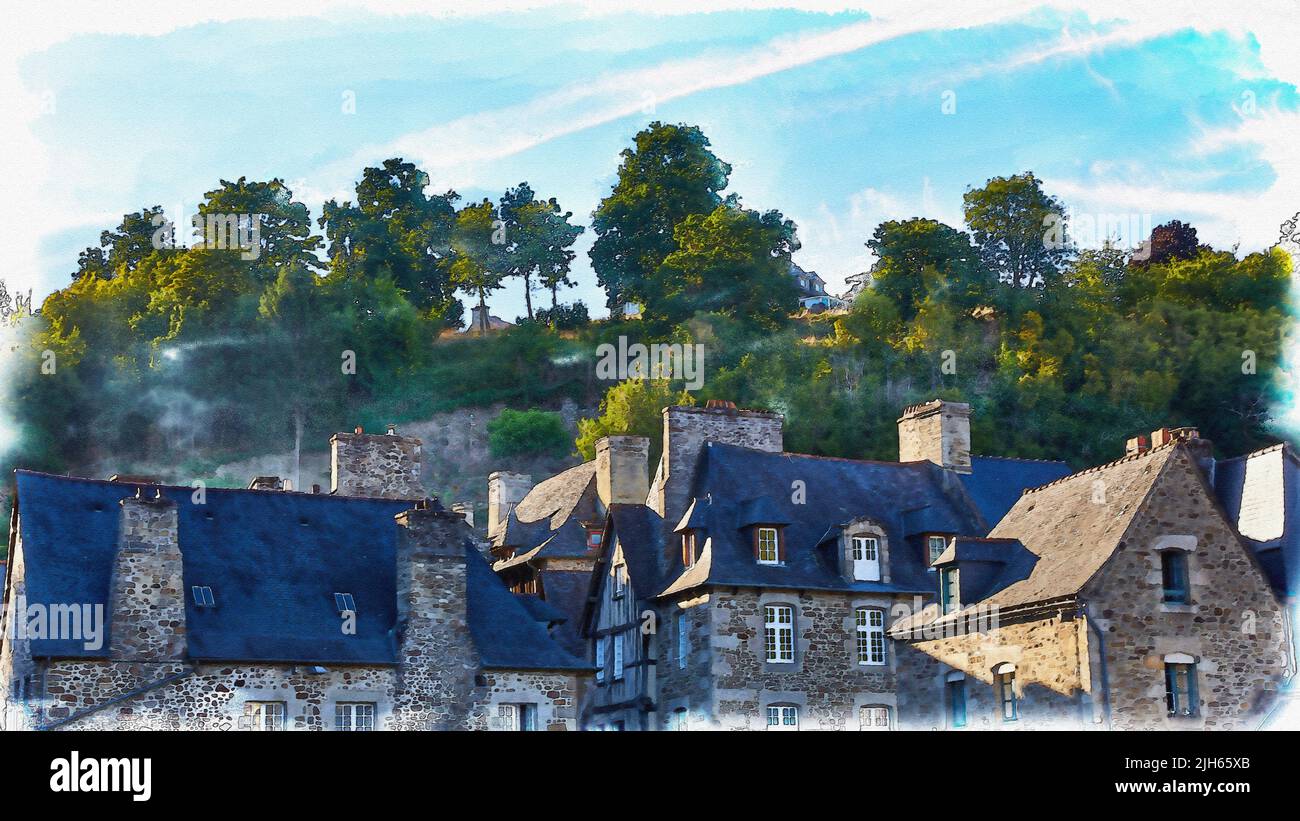 Digital Image of roofs of Dinan, France in a water color style Stock Photo