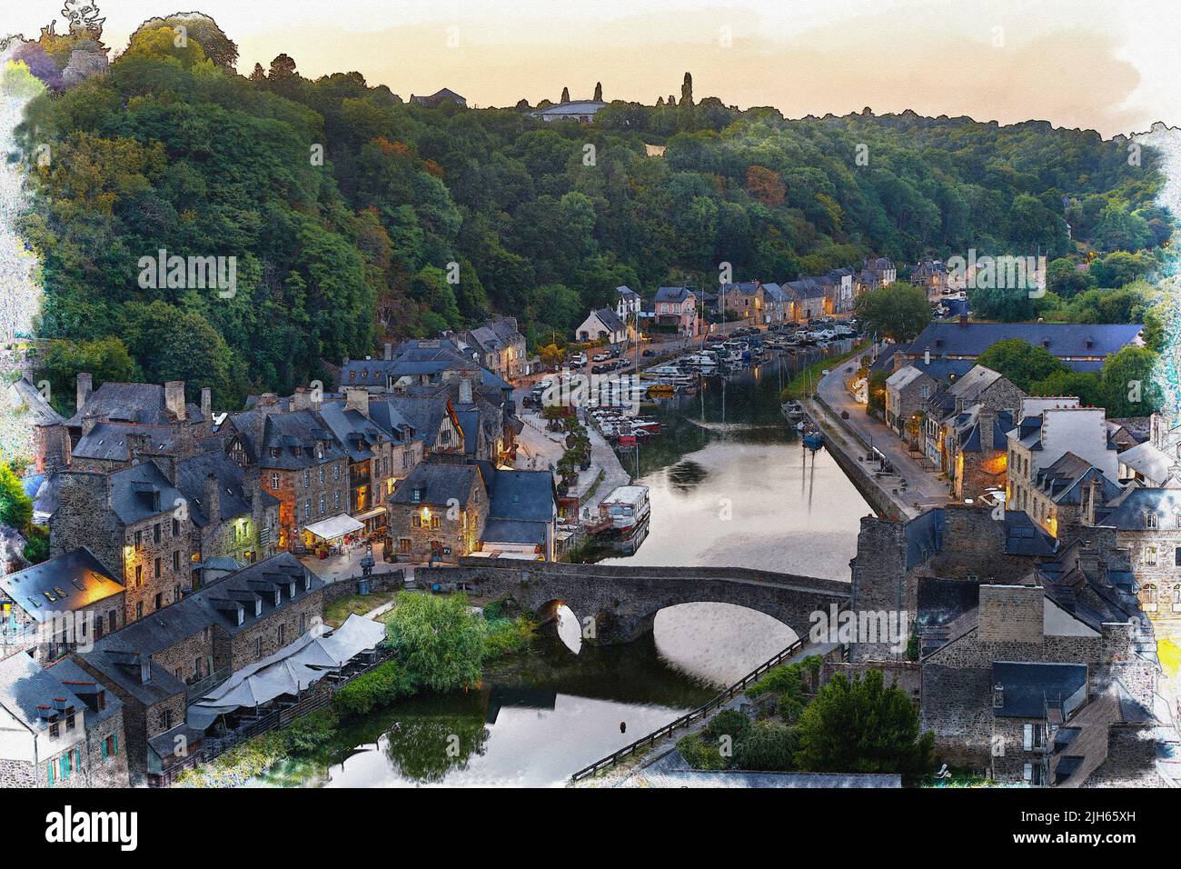 Digetal art image of the port of Dinan, France in the evening in a water color style Stock Photo