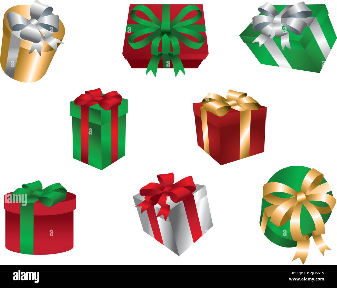 A set of vector illustrated Christmas holiday gift boxes with ribbons and bows. Stock Vector