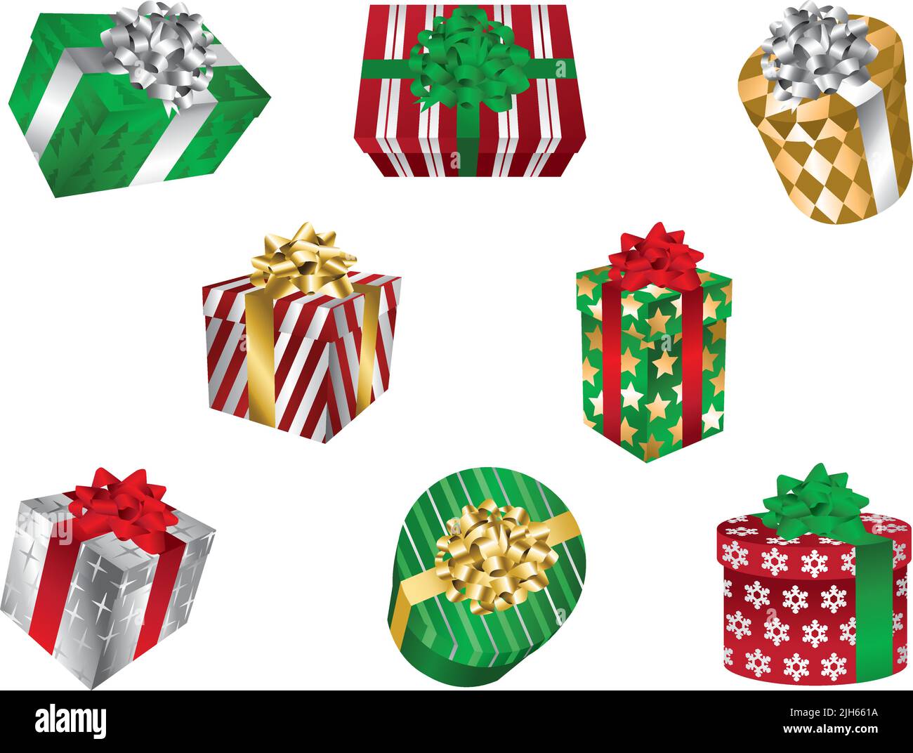 A set of vector illustrations of Christmas patterned gift boxes with bows and ribbons. Stock Vector