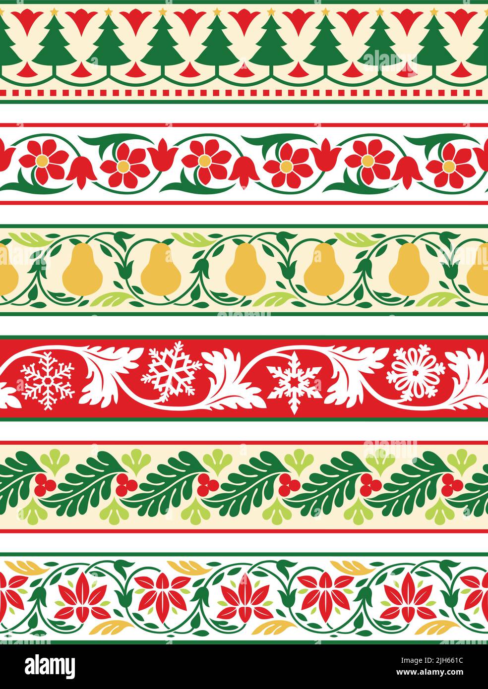A set of vector decorative Christmas floral borders and patterns. Stock Vector