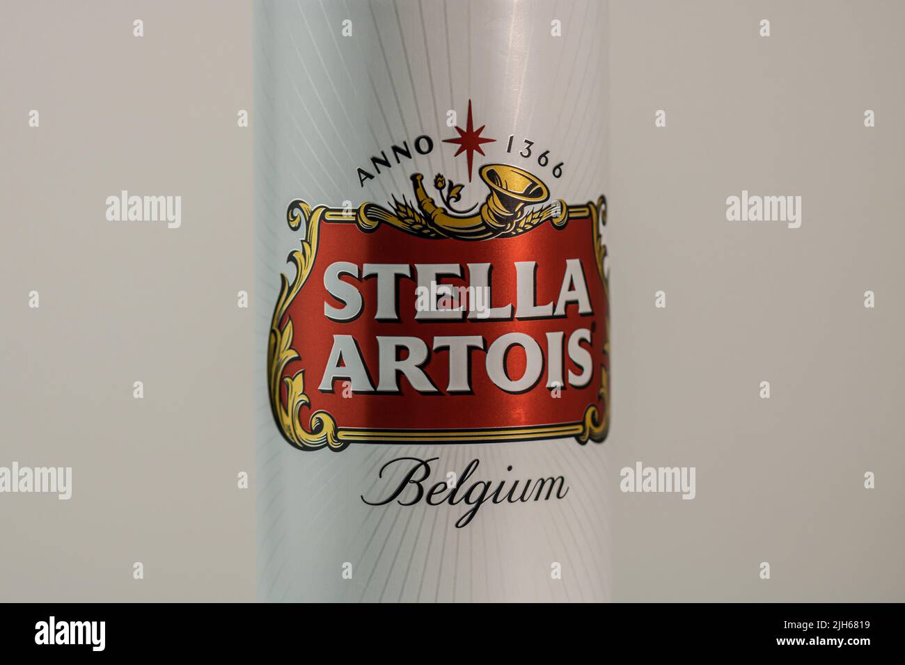 Great Belgium beer Stella Artois. Belgium Premium Lager beer can