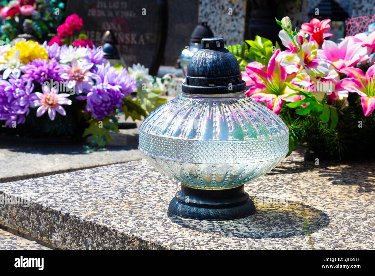 Memorial candles at a typical Roman Catholic Polish cemetery (Cmentarz