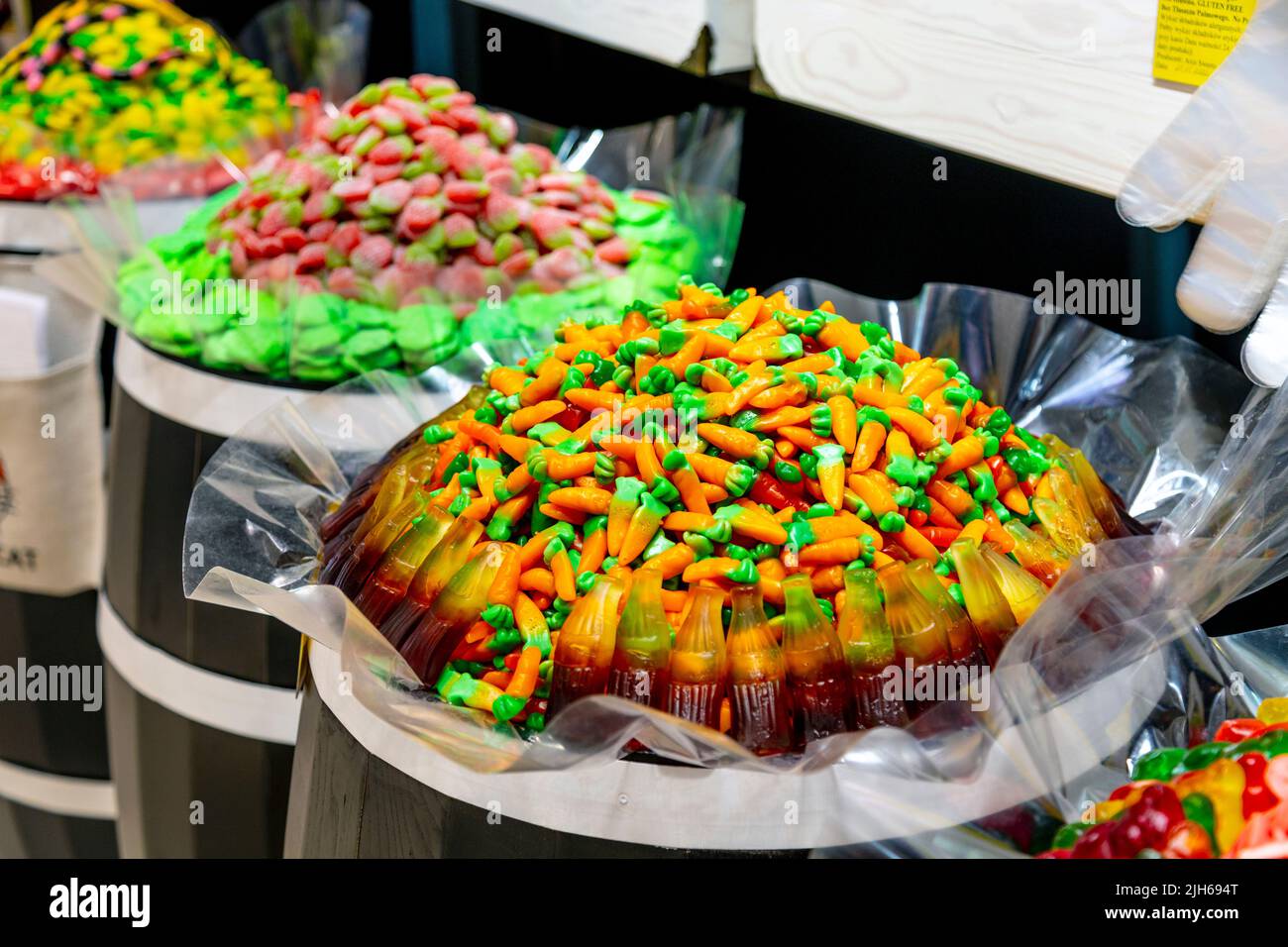 Carrot shaped gummy sweets at Candy Cat sweet shop in Torun, Poland Stock Photo
