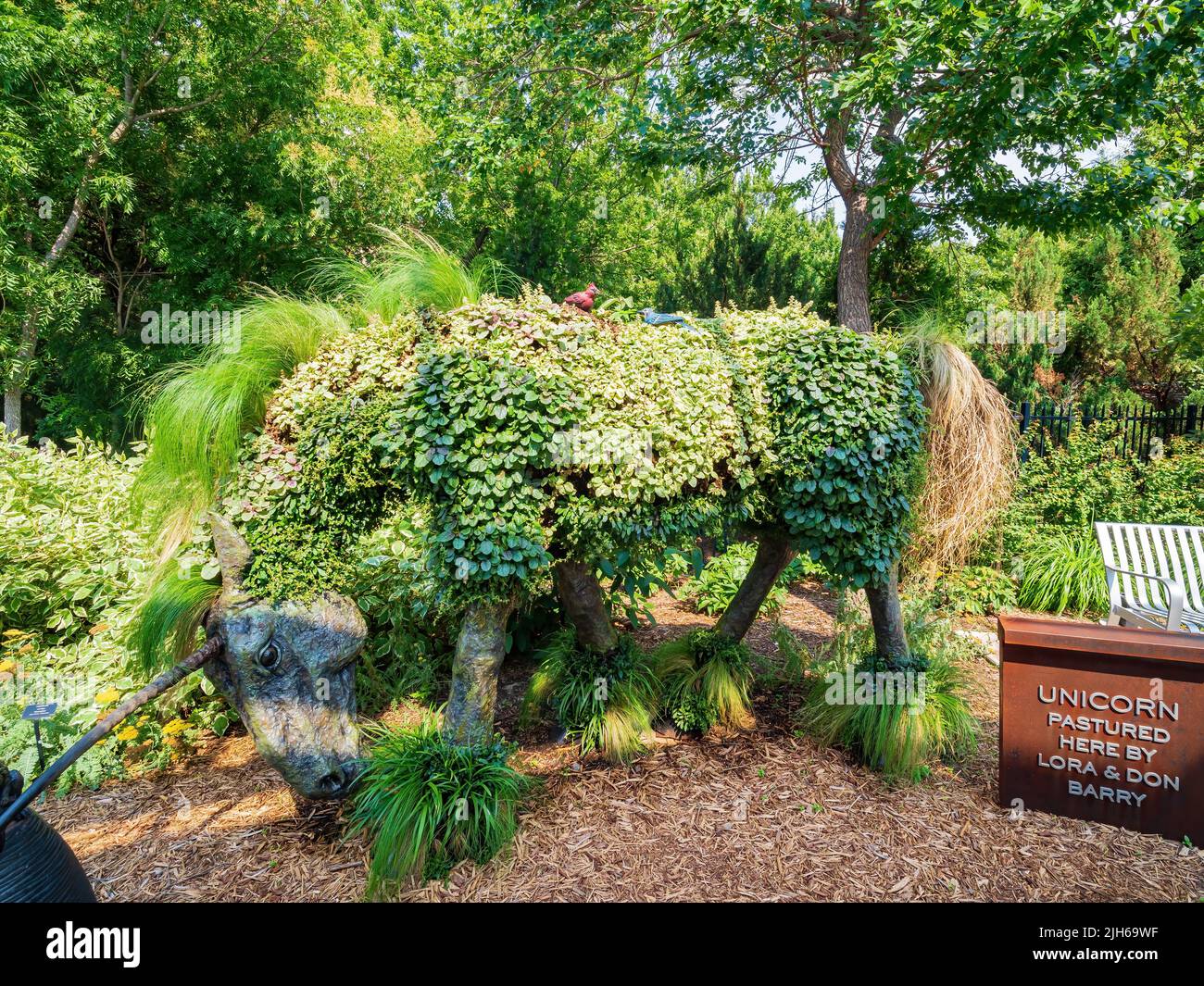 Kansas, JUL 1 2022 - Unicorn statue in Botanica, The Wichita Gardens Stock Photo