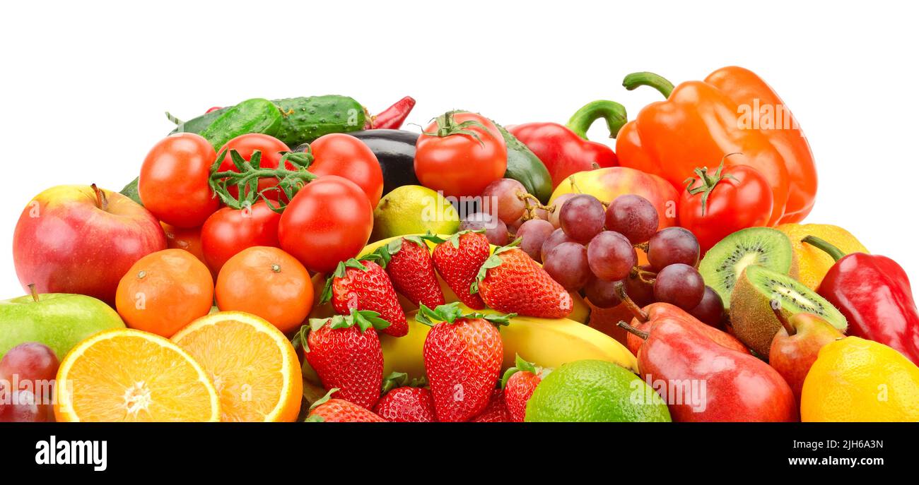 Heap fresh fruit and vegetables isolated on white background Stock Photo