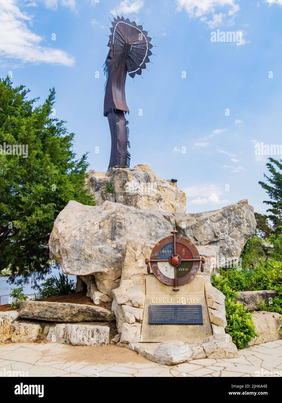 Kansas, JUL 1 2022 - Sunny view of the Indian chief statue at Wichita ...