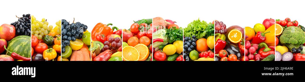 Useful fruits, vegetables and sweet berries isolated on white background. Glass skinali. Stock Photo