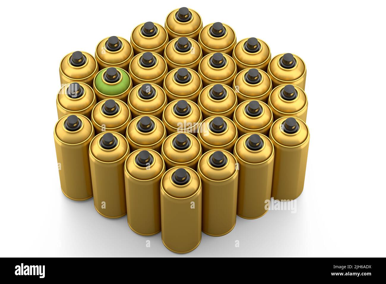 Set of spray paint cans in row on white background. Spray bottle and